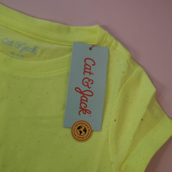 Cat & Jack Girls Shirt Short Sleeve Neon Yellow Gl - Picture 2 of 4